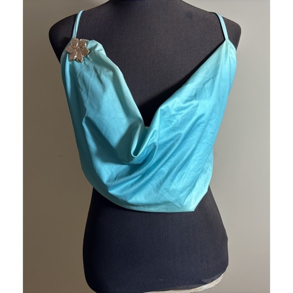 Embellished Tops - Peppermayo Teal Blue Backless Strapless Cowl Neck Crop Gold Embellished Size M